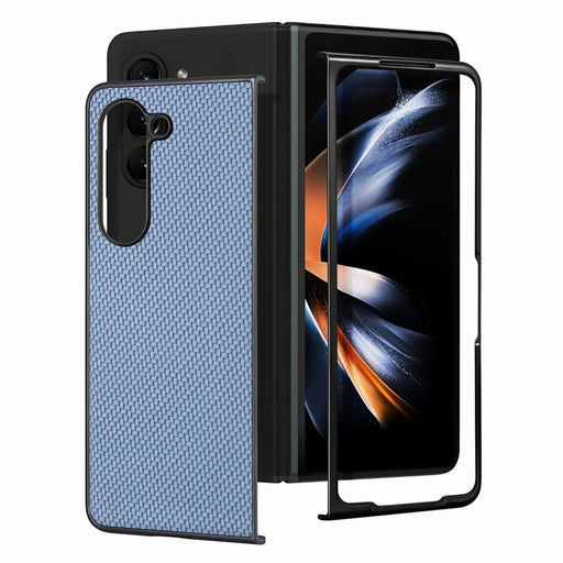 JUNSUNMAY Protective Case for Samsung Galaxy Z Fold5 5G Carbon Fiber Texture PU+PC Phone Shell - Blue - 1