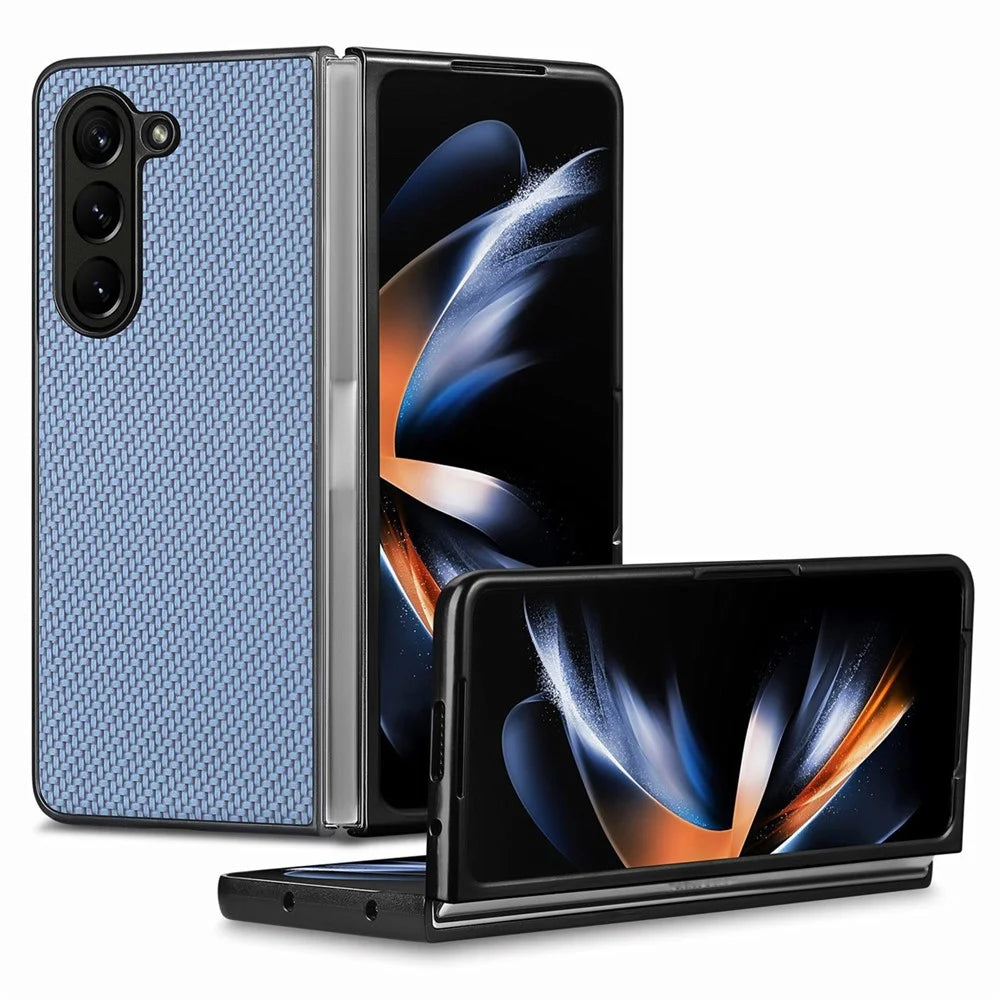 JUNSUNMAY Protective Case for Samsung Galaxy Z Fold5 5G Carbon Fiber Texture PU+PC Phone Shell - Blue - 2