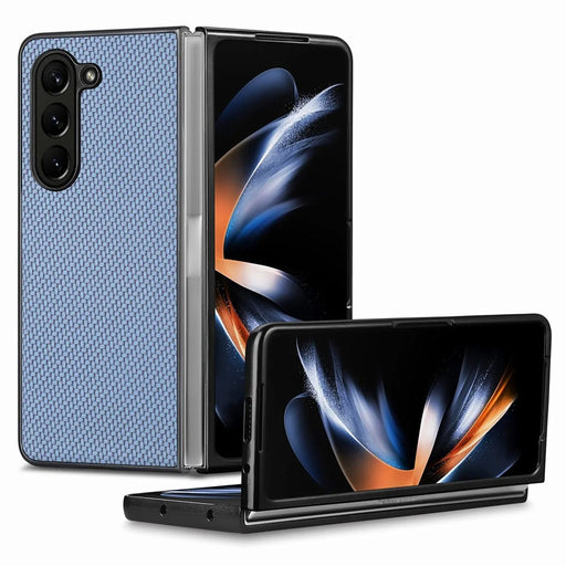 JUNSUNMAY Protective Case for Samsung Galaxy Z Fold5 5G Carbon Fiber Texture PU+PC Phone Shell - Blue - 2