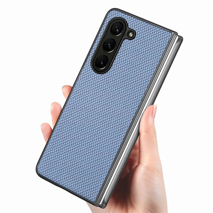 JUNSUNMAY Protective Case for Samsung Galaxy Z Fold5 5G Carbon Fiber Texture PU+PC Phone Shell - Blue - 3