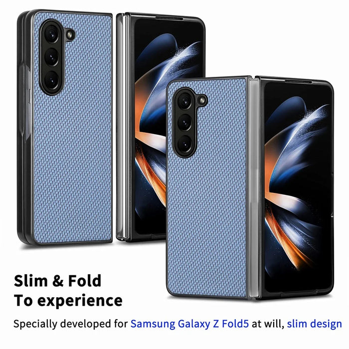 JUNSUNMAY Protective Case for Samsung Galaxy Z Fold5 5G Carbon Fiber Texture PU+PC Phone Shell - Blue - 5