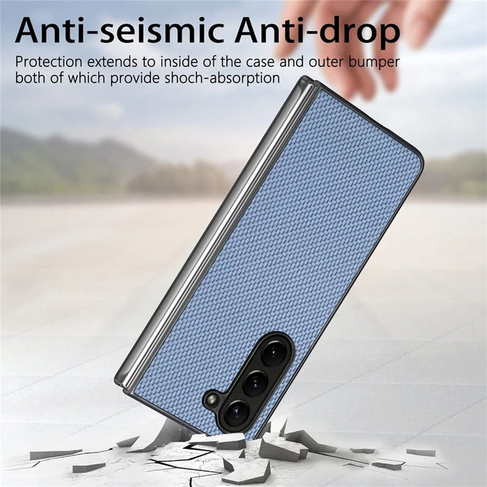 JUNSUNMAY Protective Case for Samsung Galaxy Z Fold5 5G Carbon Fiber Texture PU+PC Phone Shell - Blue - 6