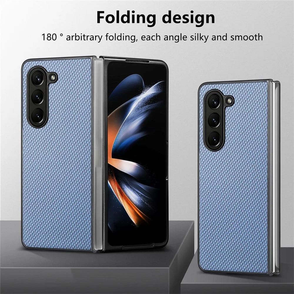 JUNSUNMAY Protective Case for Samsung Galaxy Z Fold5 5G Carbon Fiber Texture PU+PC Phone Shell - Blue - 7