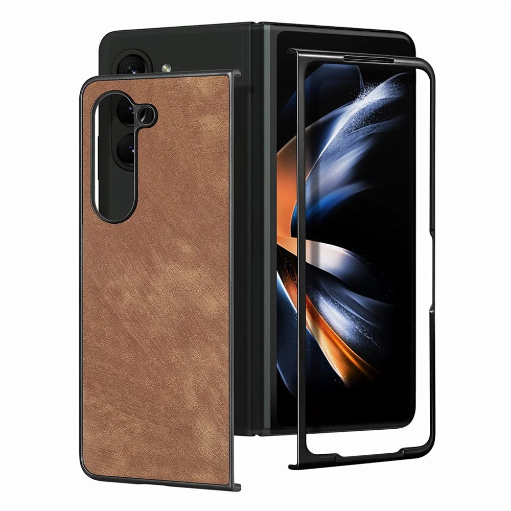 JUNSUNMAY For Samsung Galaxy Z Fold5 5G Slim Phone Case Anti-Drop Retro Texture PU+PC Phone Protector - Brown - 1
