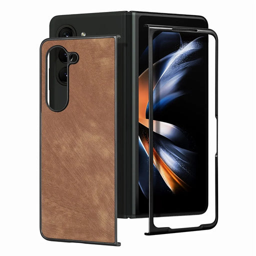 JUNSUNMAY For Samsung Galaxy Z Fold5 5G Slim Phone Case Anti-Drop Retro Texture PU+PC Phone Protector - Brown - 1