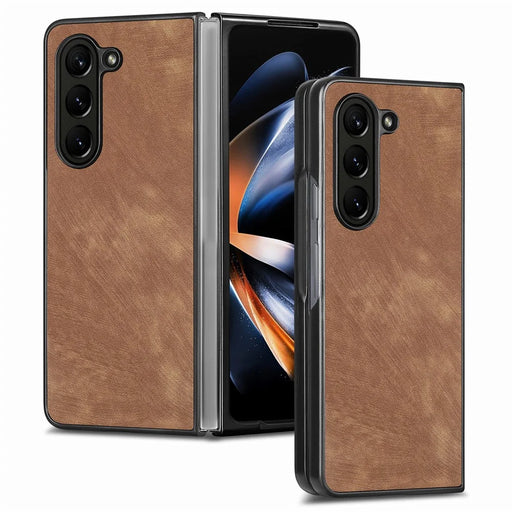 JUNSUNMAY For Samsung Galaxy Z Fold5 5G Slim Phone Case Anti-Drop Retro Texture PU+PC Phone Protector - Brown - 2