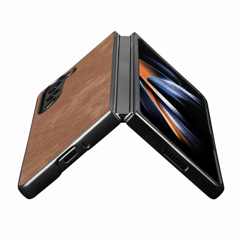 JUNSUNMAY For Samsung Galaxy Z Fold5 5G Slim Phone Case Anti-Drop Retro Texture PU+PC Phone Protector - Brown - 3