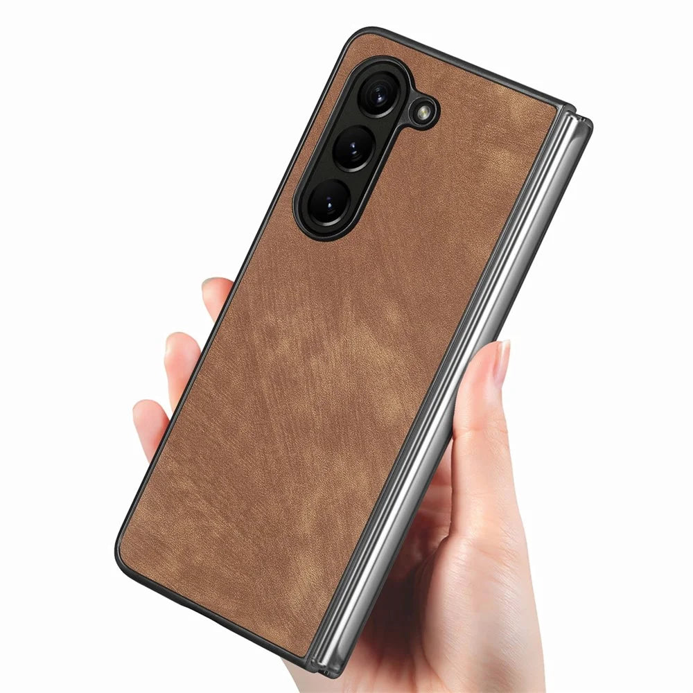 JUNSUNMAY For Samsung Galaxy Z Fold5 5G Slim Phone Case Anti-Drop Retro Texture PU+PC Phone Protector - Brown - 4