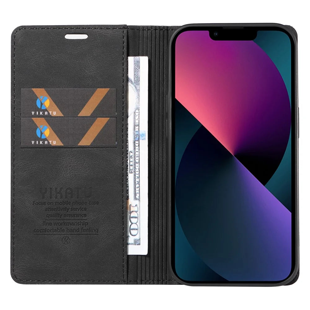 YIKATU YK-004 For iPhone 15 Magnetic Auto-absorbed PU Leather Shell Phone Wallet Stand Cover - Black - 2
