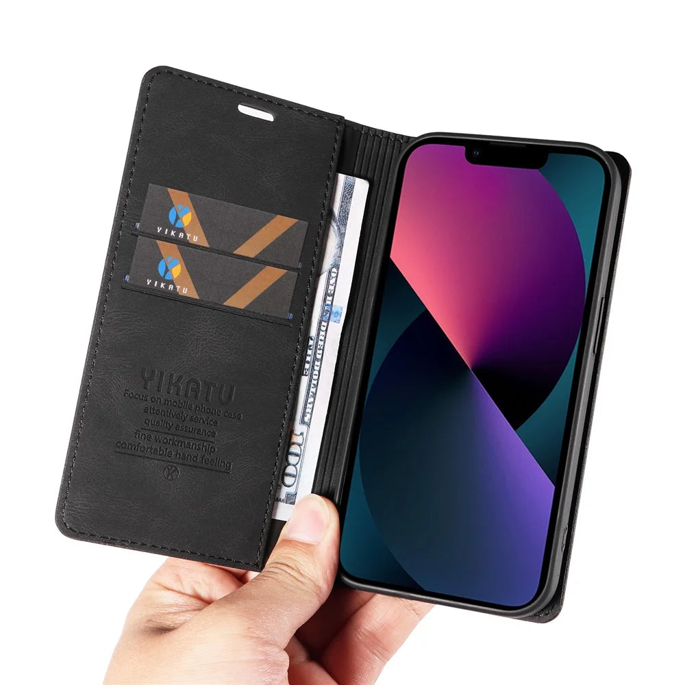 YIKATU YK-004 For iPhone 15 Magnetic Auto-absorbed PU Leather Shell Phone Wallet Stand Cover - Black - 6