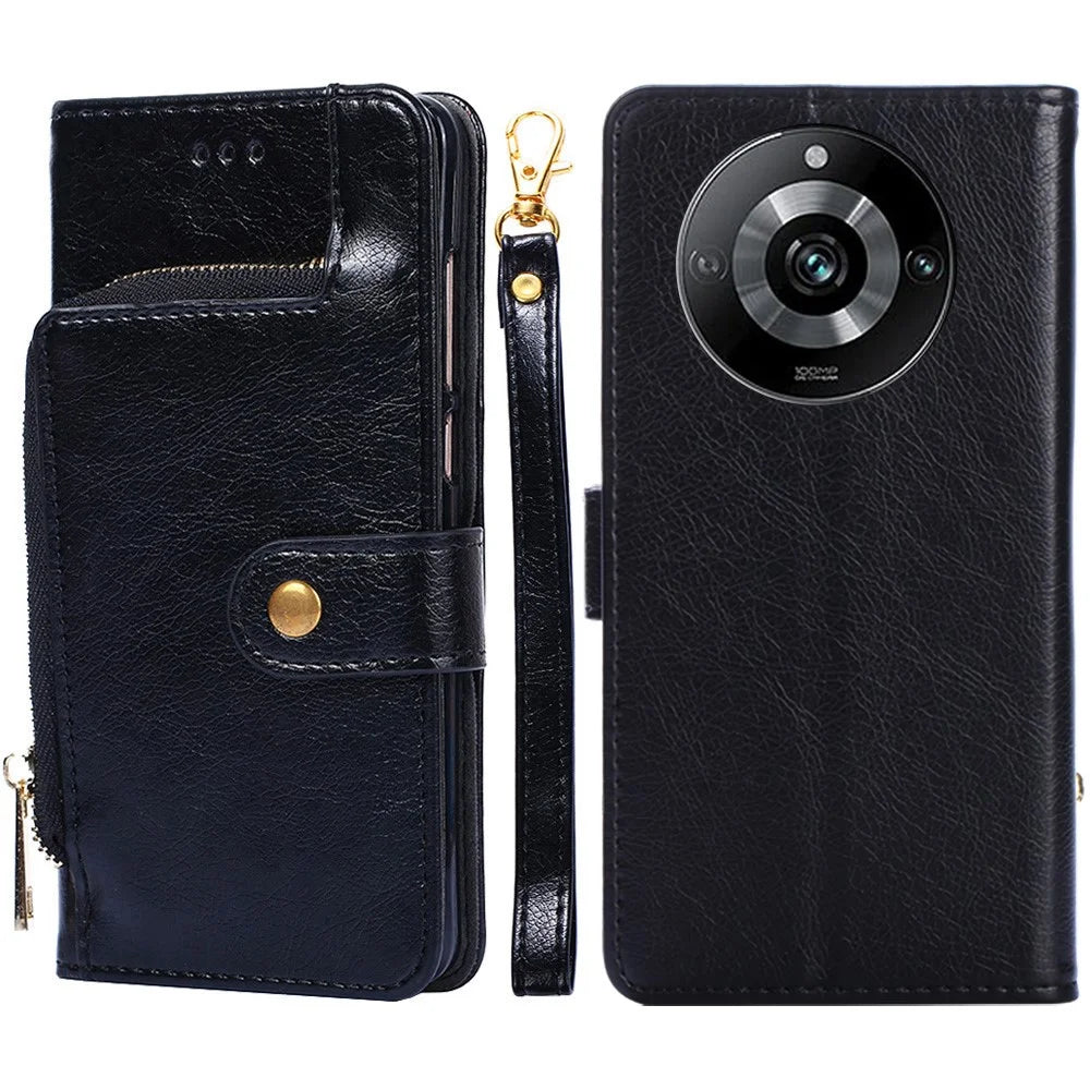 For Realme 11 Pro 5G / 11 Pro+ 5G Stand Wallet Case Anti-drop Zipper Pocket PU Leather Phone Cover with Strap - Black - 1
