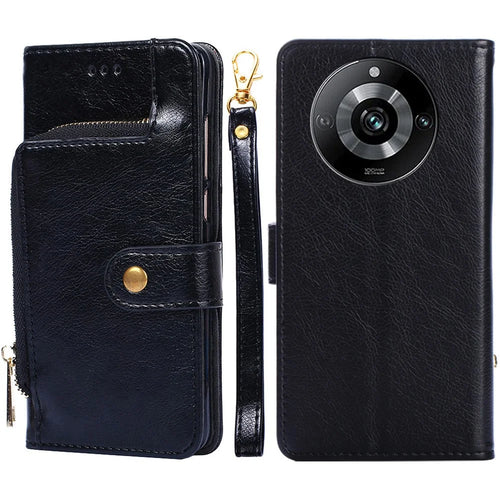 For Realme 11 Pro 5G / 11 Pro+ 5G Stand Wallet Case Anti-drop Zipper Pocket PU Leather Phone Cover with Strap - Black - 1