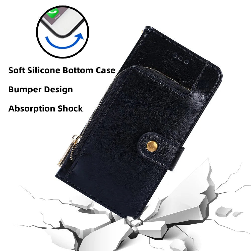 For Realme 11 Pro 5G / 11 Pro+ 5G Stand Wallet Case Anti-drop Zipper Pocket PU Leather Phone Cover with Strap - Black - 5