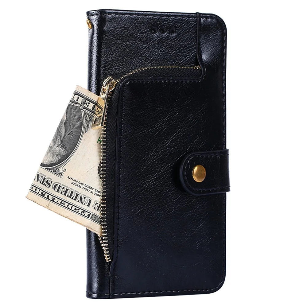 For Realme 11 Pro 5G / 11 Pro+ 5G Stand Wallet Case Anti-drop Zipper Pocket PU Leather Phone Cover with Strap - Black - 6