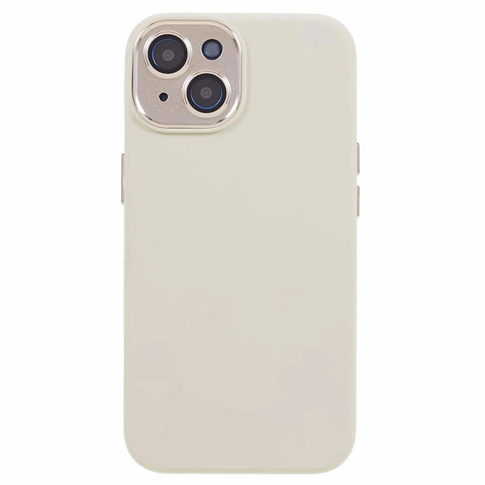 For iPhone 15 Liquid Silicone+PC Phone Cover Aluminum Alloy+Tempered Glass Lens Protection Back Case - Antique White - 1