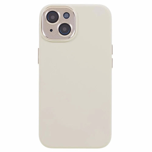 For iPhone 15 Liquid Silicone+PC Phone Cover Aluminum Alloy+Tempered Glass Lens Protection Back Case - Antique White - 1