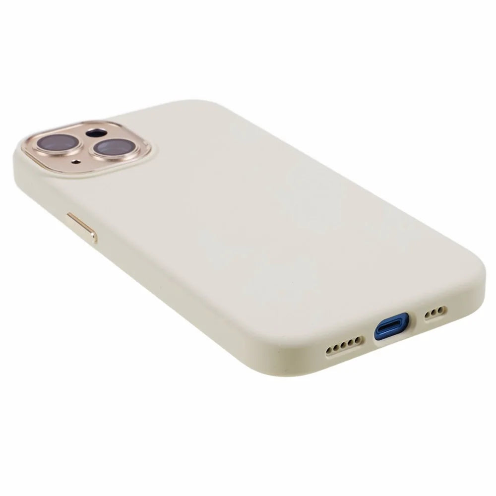 For iPhone 15 Liquid Silicone+PC Phone Cover Aluminum Alloy+Tempered Glass Lens Protection Back Case - Antique White - 5