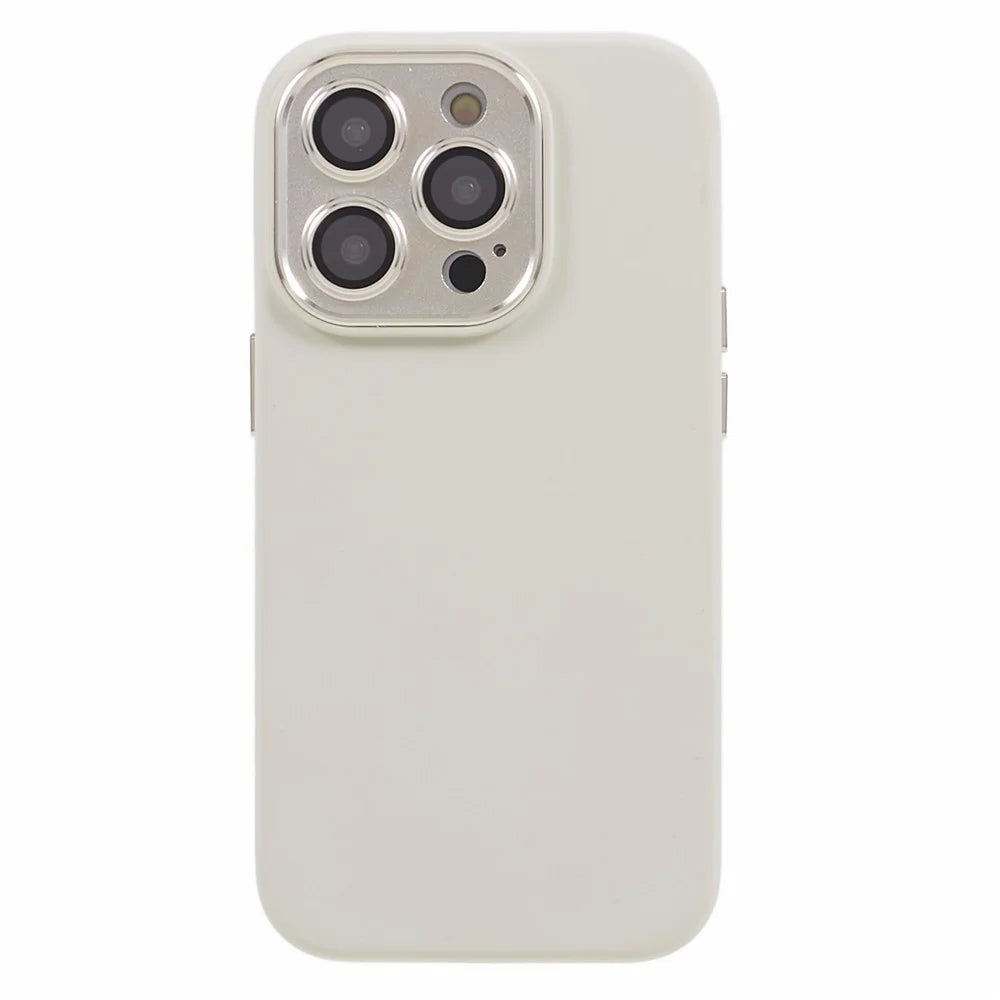 For iPhone 15 Pro Max Metal+Tempered Glass Lens Guard Phone Case Liquid Silicone+PC Protective Cover - Antique White - 1