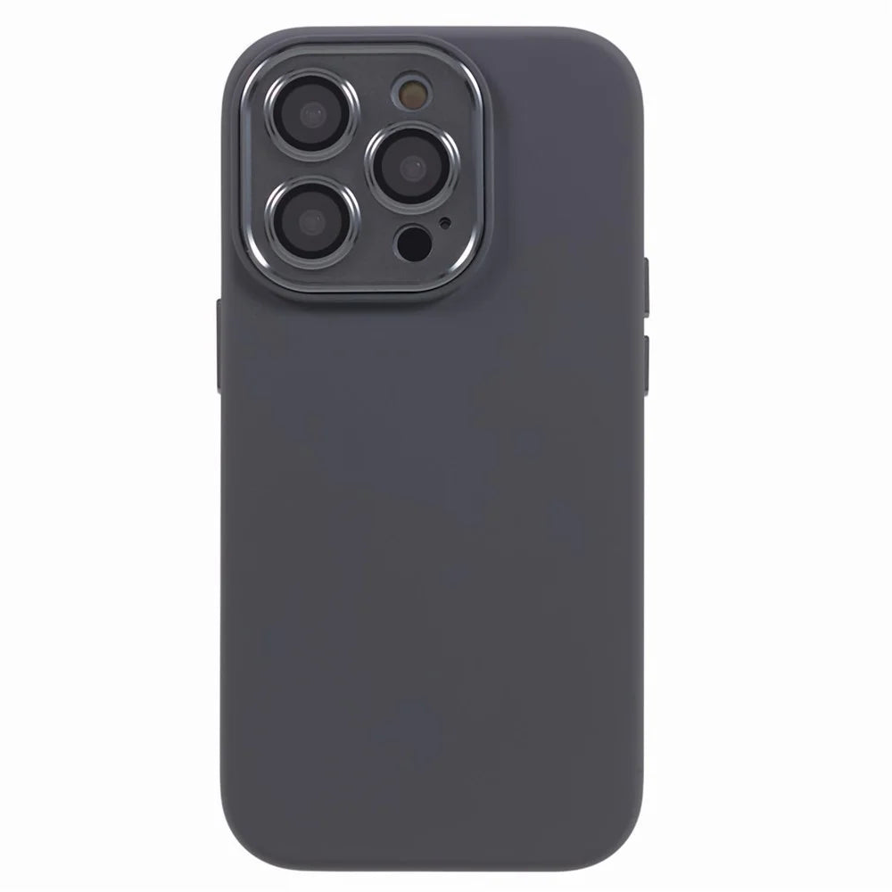 For iPhone 15 Pro Liquid Silicone+PC Back Case Aluminum Alloy+Tempered Glass Lens Protection Phone Cover - Grey - 1