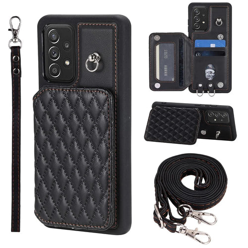 Style 008 For Samsung Galaxy A13 4G / A13 5G PU+TPU Phone Case Rhombus Imprinted Phone Cover with Shoulder / Wrist Strap - Black - 1