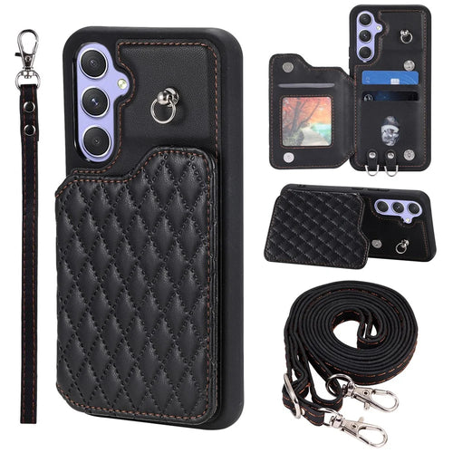 Style 008 For Samsung Galaxy A14 5G / A14 4G PU Leather+TPU Phone Cover Kickstand RFID Blocking Phone Case with 2 Straps - Black - 1