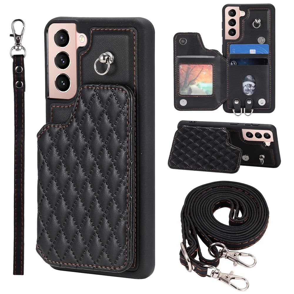 Style 008 For Samsung Galaxy S22+ 5G Anti-Scratch Phone Case Kickstand RFID Blocking PU Leather+TPU Cover with 2 Straps - Black - 1