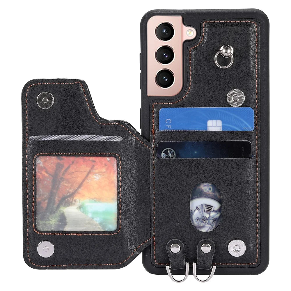 Style 008 For Samsung Galaxy S22+ 5G Anti-Scratch Phone Case Kickstand RFID Blocking PU Leather+TPU Cover with 2 Straps - Black - 2