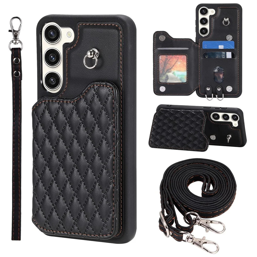 Style 008 For Samsung Galaxy S23+ Slim-Fit Shell Kickstand RFID Blocking PU Leather+TPU Phone Case with 2 Straps - Black - 1