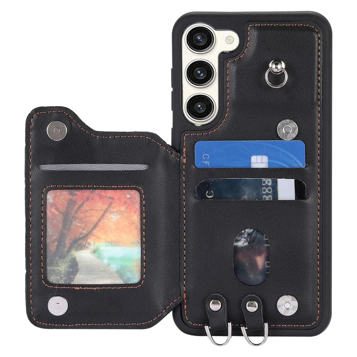 Style 008 For Samsung Galaxy S23+ Slim-Fit Shell Kickstand RFID Blocking PU Leather+TPU Phone Case with 2 Straps - Black - 2