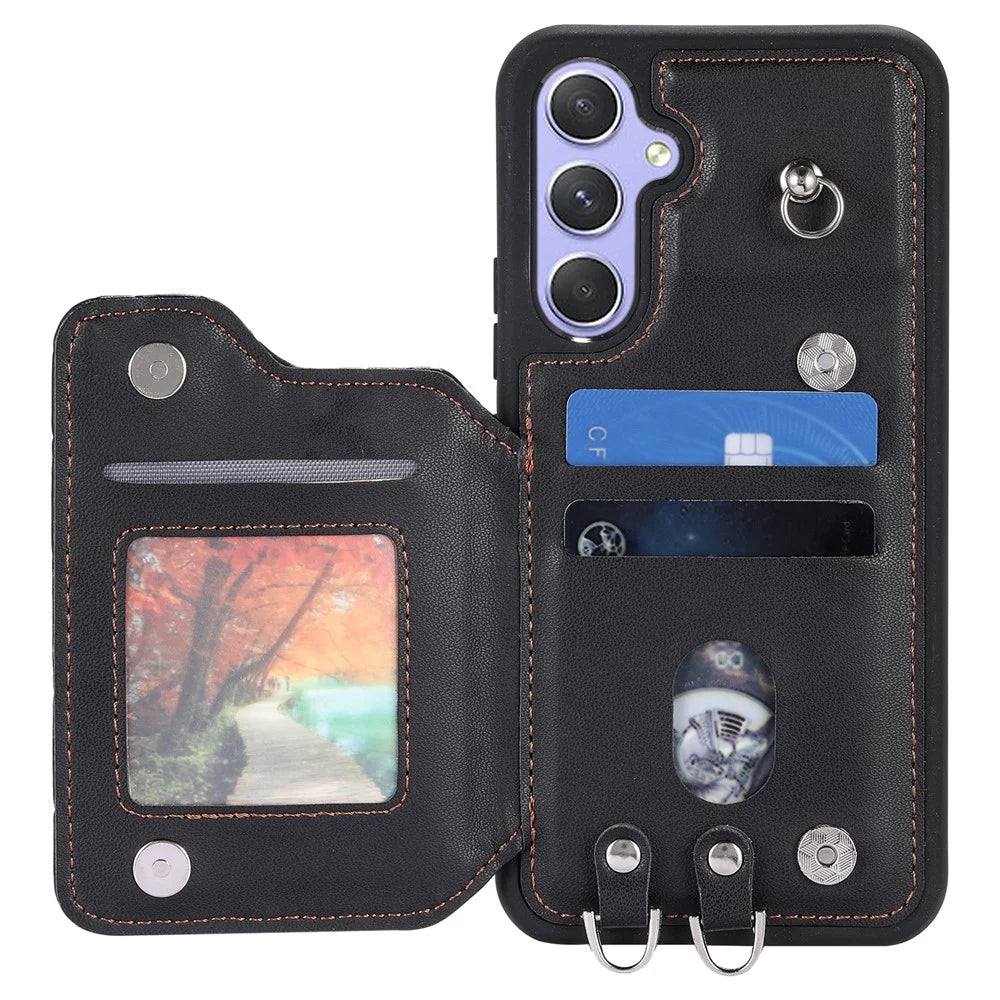 Style 008 Rhombus Imprinted Phone Case for Samsung Galaxy A54 5G RFID Blocking PU+TPU Phone Cover with Straps - Black - 2