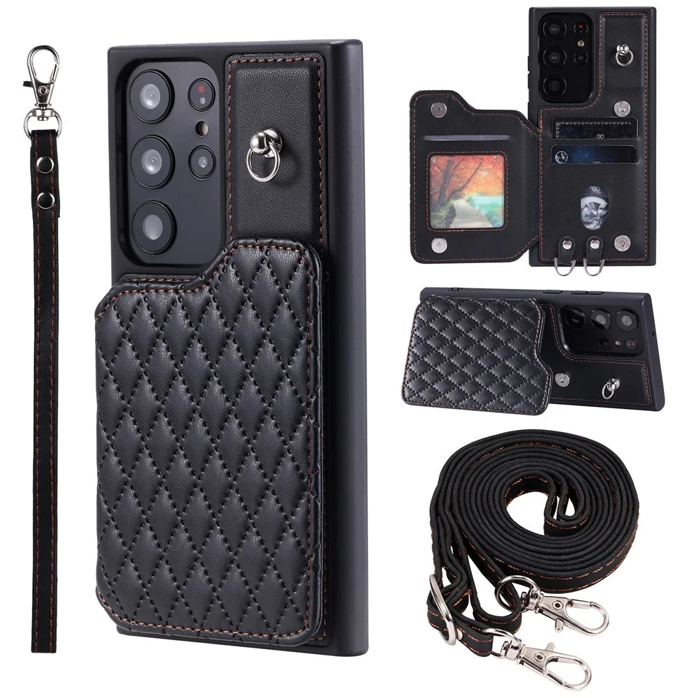 Style 008 For Samsung Galaxy S22 Ultra 5G Shockproof Case Rhombus Imprinted RFID Blocking PU+TPU Phone Cover with Straps - Black - 1