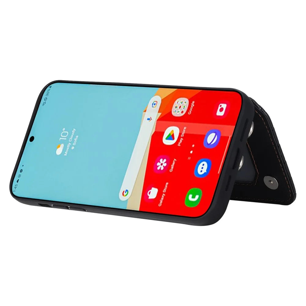 Style 008 For Samsung Galaxy S22 Ultra 5G Shockproof Case Rhombus Imprinted RFID Blocking PU+TPU Phone Cover with Straps - Black - 3