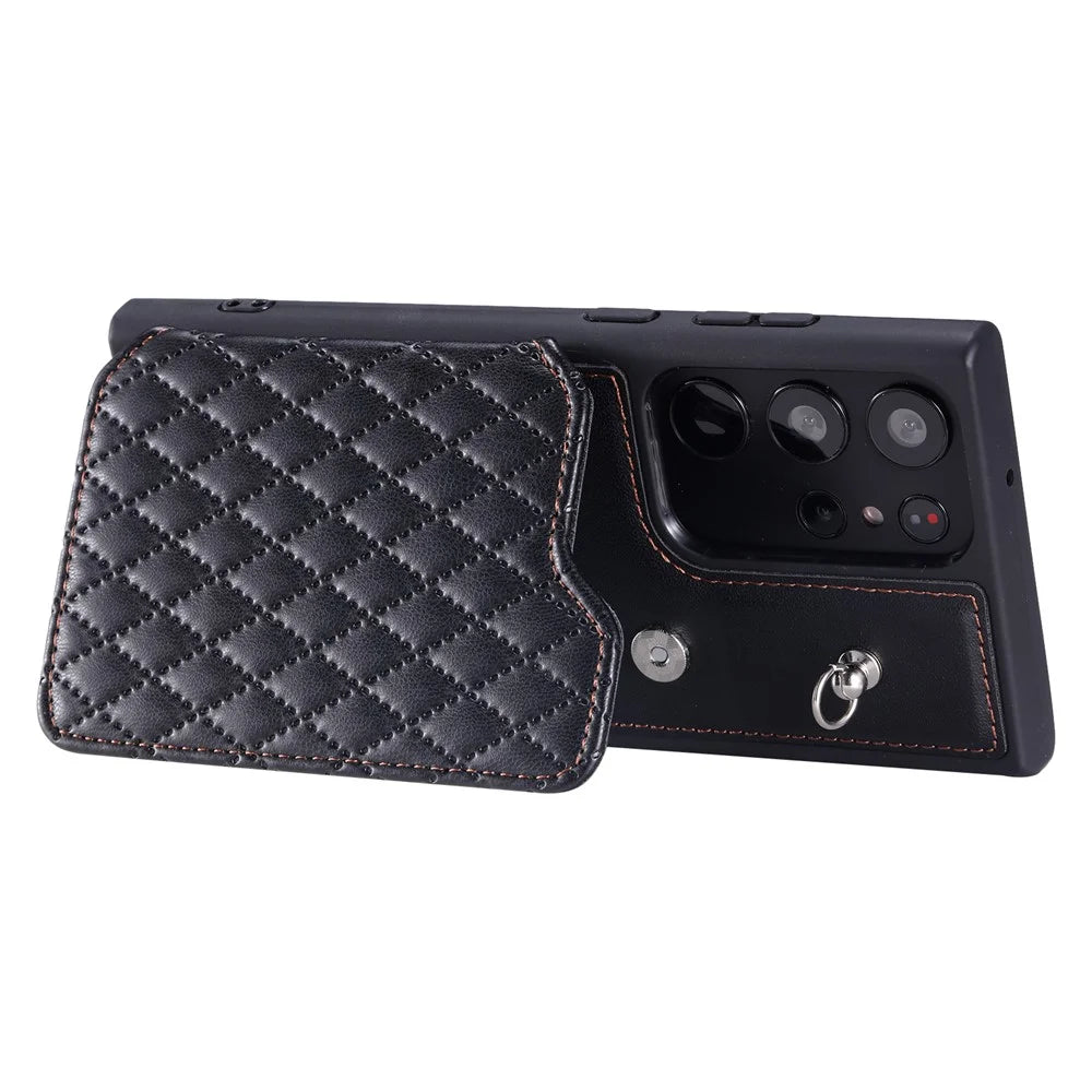Style 008 For Samsung Galaxy S22 Ultra 5G Shockproof Case Rhombus Imprinted RFID Blocking PU+TPU Phone Cover with Straps - Black - 4