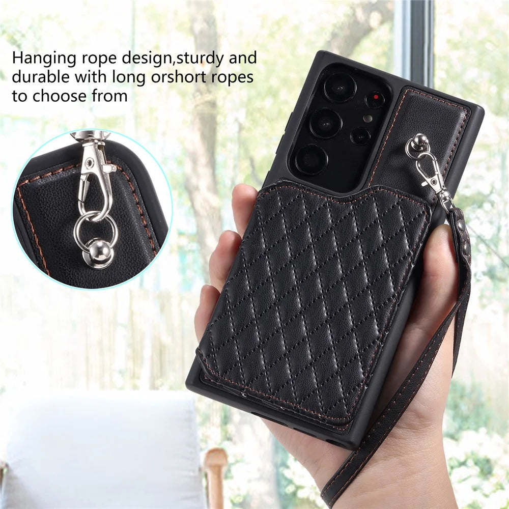 Style 008 For Samsung Galaxy S22 Ultra 5G Shockproof Case Rhombus Imprinted RFID Blocking PU+TPU Phone Cover with Straps - Black - 5