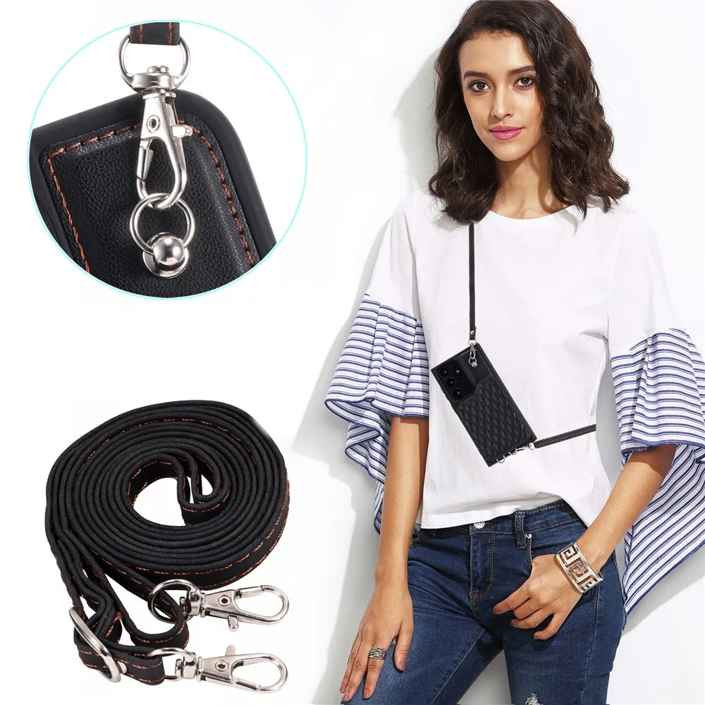 Style 008 For Samsung Galaxy S22 Ultra 5G Shockproof Case Rhombus Imprinted RFID Blocking PU+TPU Phone Cover with Straps - Black - 6