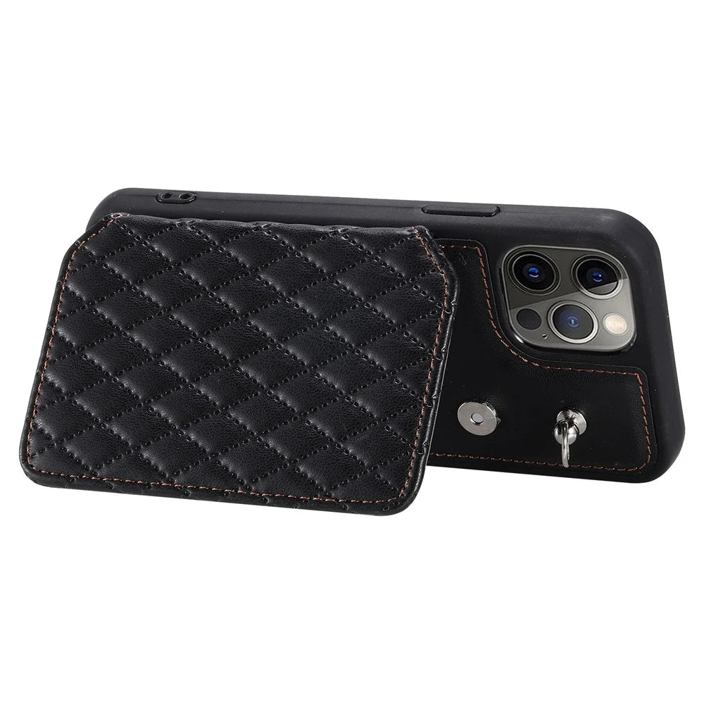 Style 008 Protective Phone Case for iPhone 12 Pro Max 6.7 inch RFID Blocking Imprinted PU+TPU Phone Cover with Straps - Black - 4