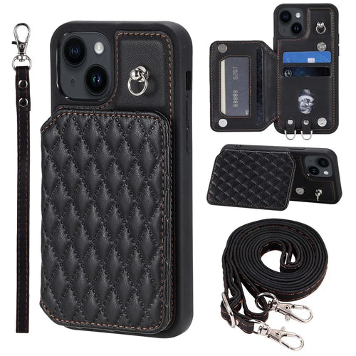 Style 008 For iPhone 15 Plus RFID Blocking Shockproof Case Anti-Drop PU+TPU Phone Shell with Straps - Black - 1