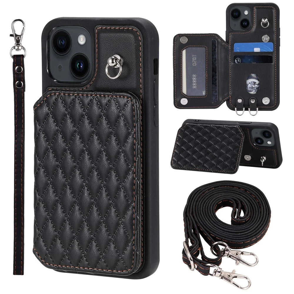 Style 008 For iPhone 15 Plus RFID Blocking Shockproof Case Anti-Drop PU+TPU Phone Shell with Straps - Black - 1