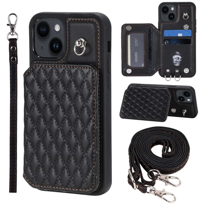 Style 008 For iPhone 15 Plus RFID Blocking Shockproof Case Anti-Drop PU+TPU Phone Shell with Straps - Black - 1
