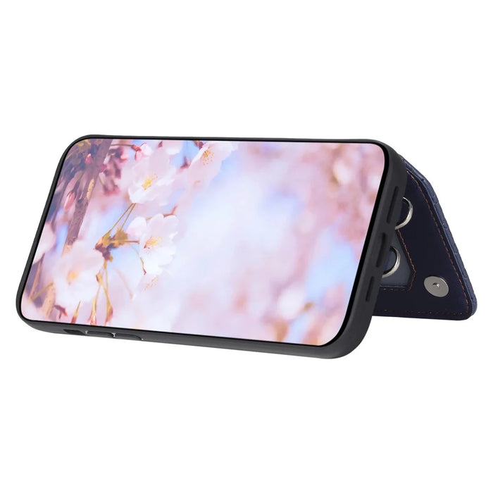 Style 008 For iPhone 15 Plus RFID Blocking Shockproof Case Anti-Drop PU+TPU Phone Shell with Straps - Black - 3