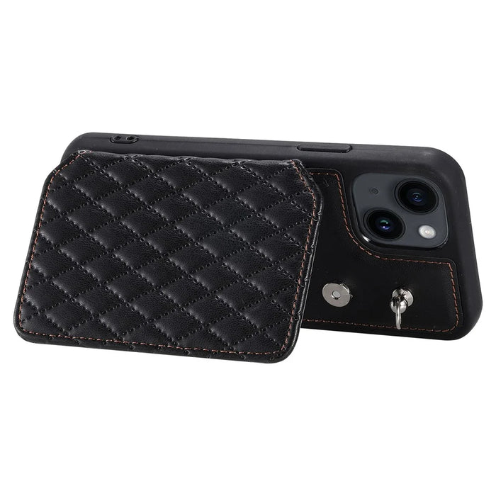 Style 008 For iPhone 15 Plus RFID Blocking Shockproof Case Anti-Drop PU+TPU Phone Shell with Straps - Black - 4