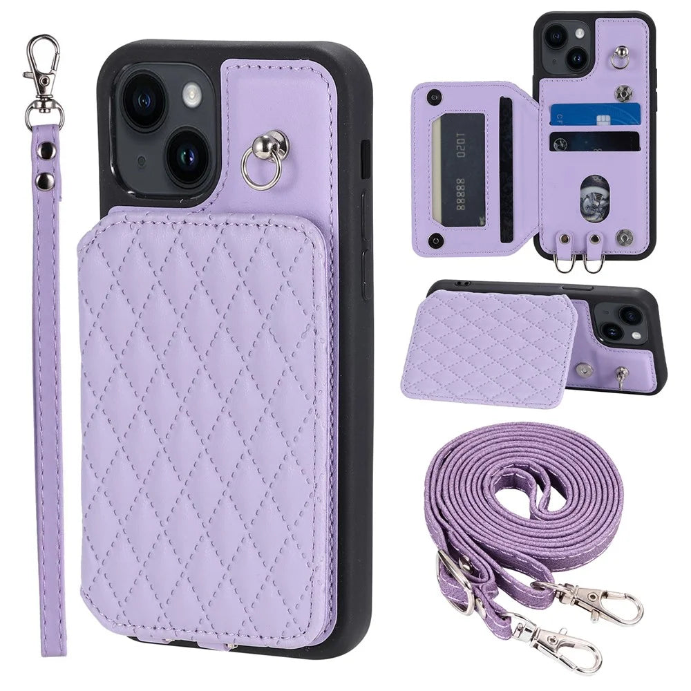 Style 008 RFID Blocking Phone Case for iPhone 13 6.1 inch Protective Case Anti-Drop PU+TPU Phone Shell with Straps - Purple - 1