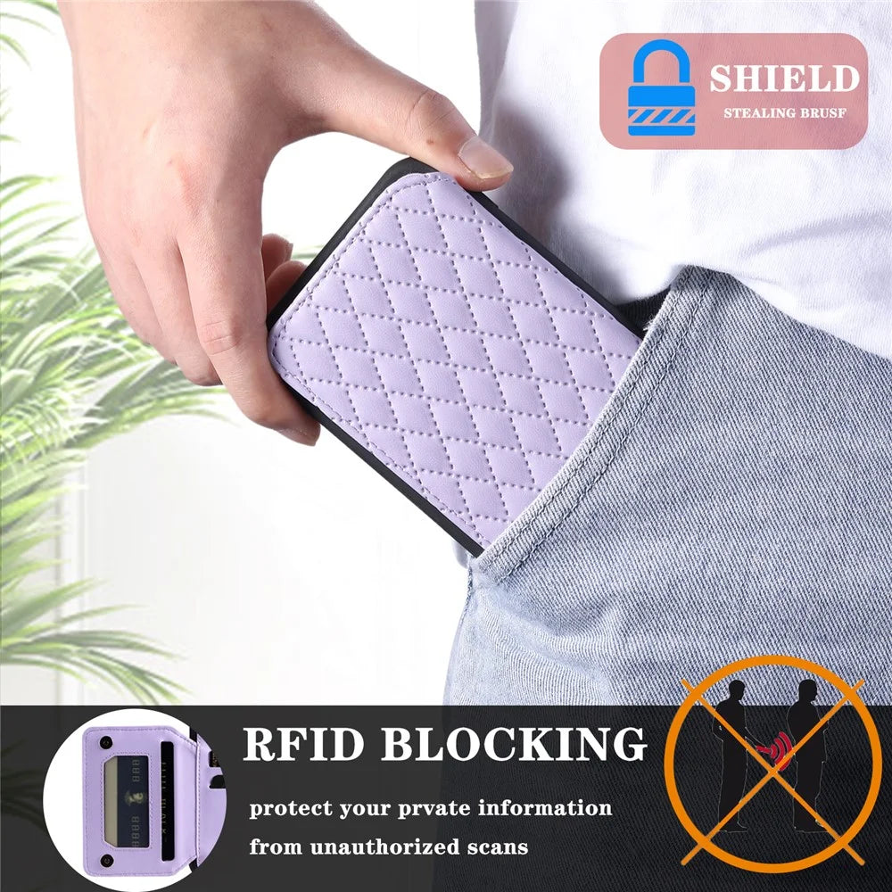 Style 008 RFID Blocking Phone Case for iPhone 13 6.1 inch Protective Case Anti-Drop PU+TPU Phone Shell with Straps - Purple - 5