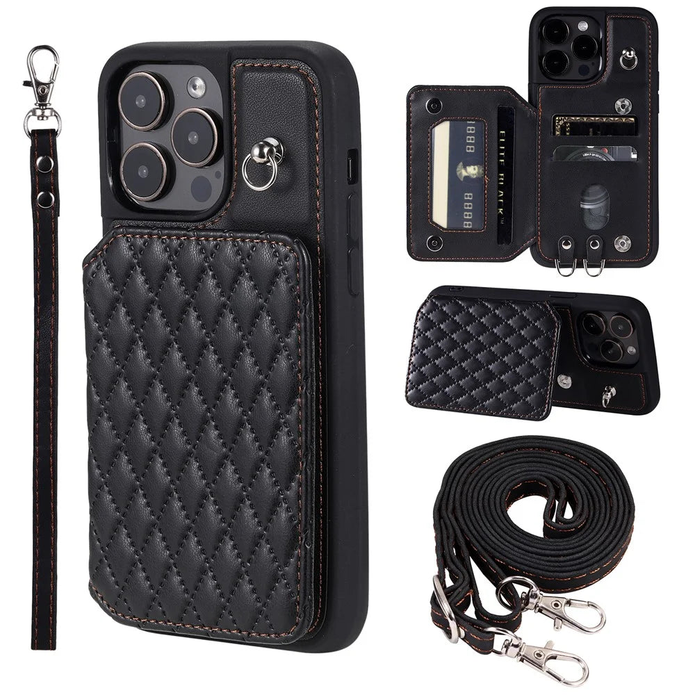 Style 008 Shockproof Case for iPhone 15 Pro RFID Blocking Anti-Scratch PU+TPU Phone Cover with Straps - Black - 1