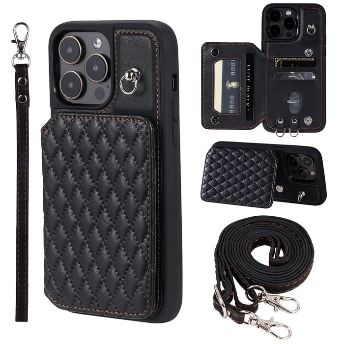 Style 008 Shockproof Case for iPhone 15 Pro RFID Blocking Anti-Scratch PU+TPU Phone Cover with Straps - Black - 1