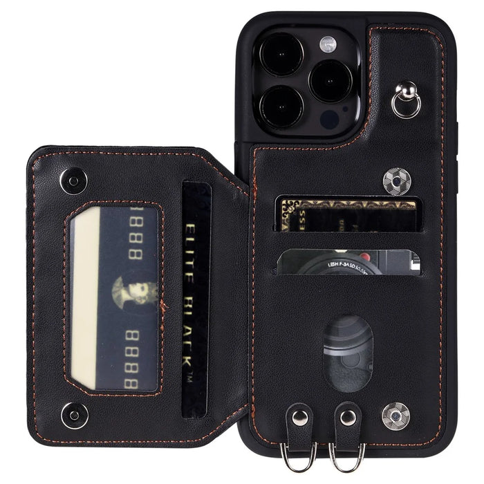Style 008 Shockproof Case for iPhone 15 Pro RFID Blocking Anti-Scratch PU+TPU Phone Cover with Straps - Black - 2