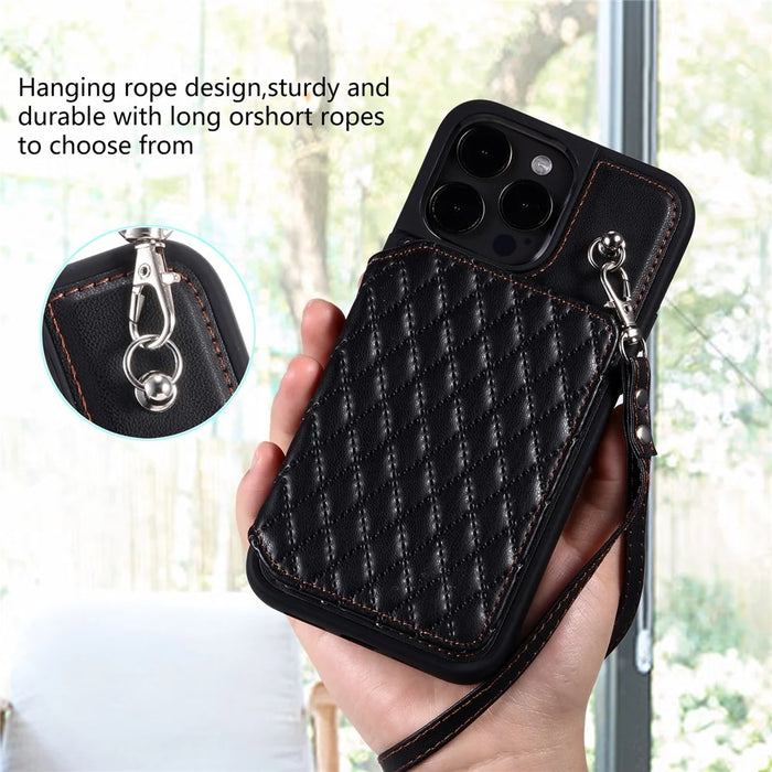 Style 008 Shockproof Case for iPhone 15 Pro RFID Blocking Anti-Scratch PU+TPU Phone Cover with Straps - Black - 5