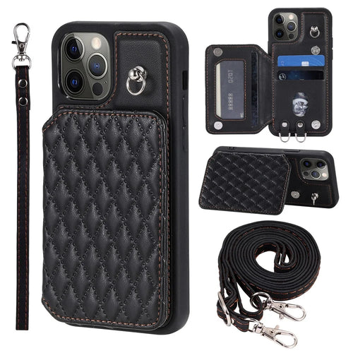 Style 008 For iPhone 12 / 12 Pro 6.1 inch Shockproof Phone Case RFID Blocking PU+TPU Phone Shell with Straps - Black - 1