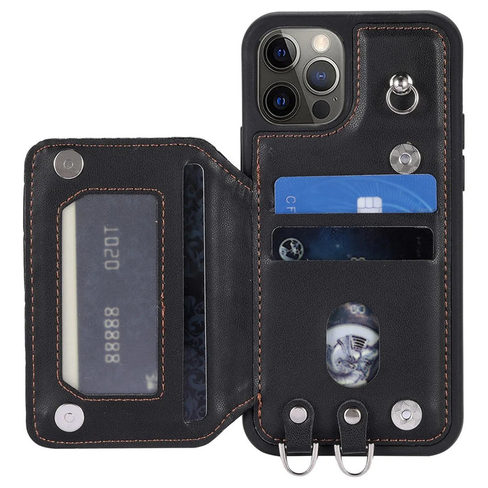 Style 008 For iPhone 12 / 12 Pro 6.1 inch Shockproof Phone Case RFID Blocking PU+TPU Phone Shell with Straps - Black - 2