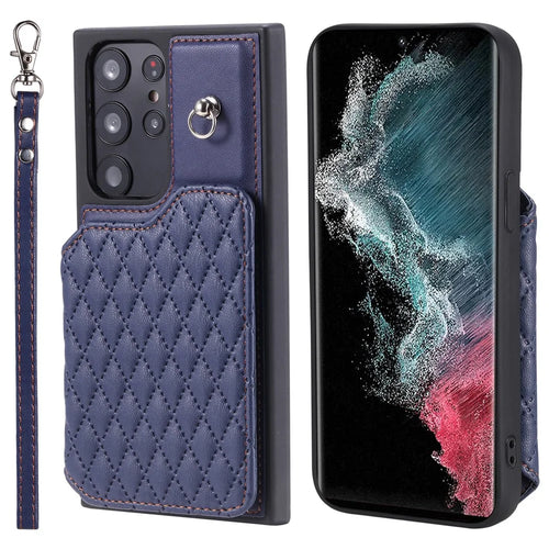 Style 008 For Samsung Galaxy S22 Ultra 5G RFID Blocking Card Holder Phone Case Leather+TPU Kickstand Back Cover - Blue - 1
